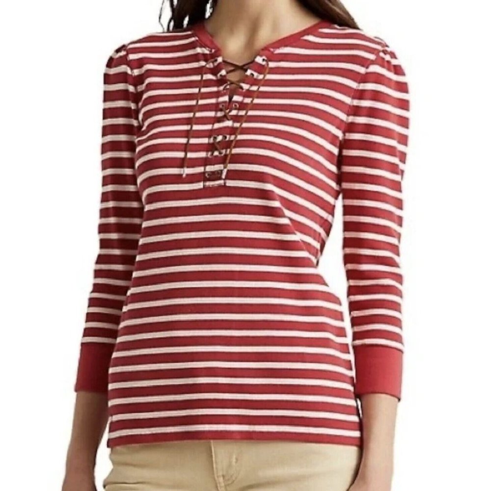 LAUREN RALPH LAUREN Striped Lace-Up Waffle-Knit Top Women's Small Red/Cream NWT